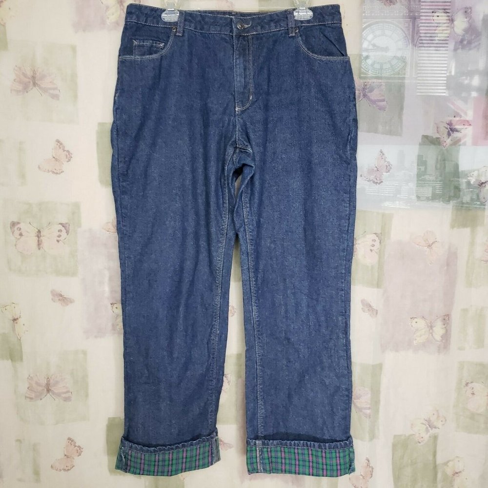 Blue denim with green plaid cuffs mom jeans pants